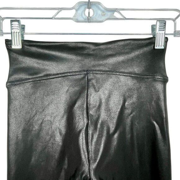 Spanx Faux Leather Racer Stripe Leggings Black Raw Hem XS Bodycon Workout Gym - Picture 9 of 11